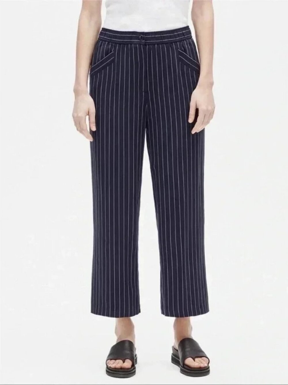Eileen Fisher Woven Tencel Striped Wide Leg Pants Women’s Small Navy Classic